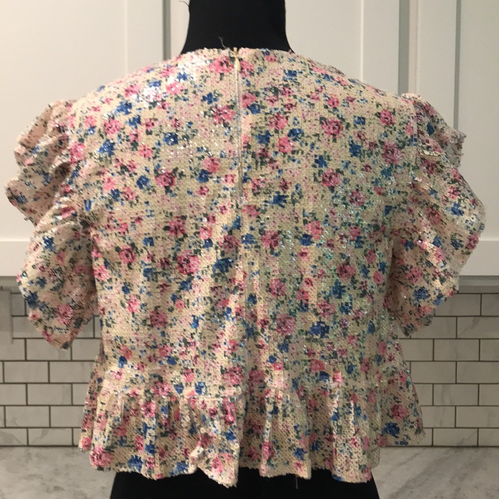 Zara Sequin Cropped Top Womens Small Cottagecore Barbiecore Ruffled Floral Boho - Picture 2 of 13